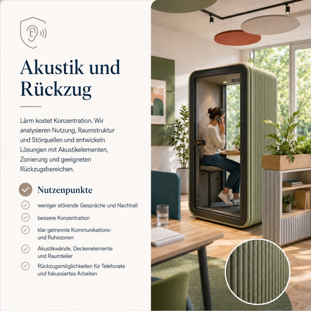 Akustik und Rückzug in modernen Arbeitsräumen